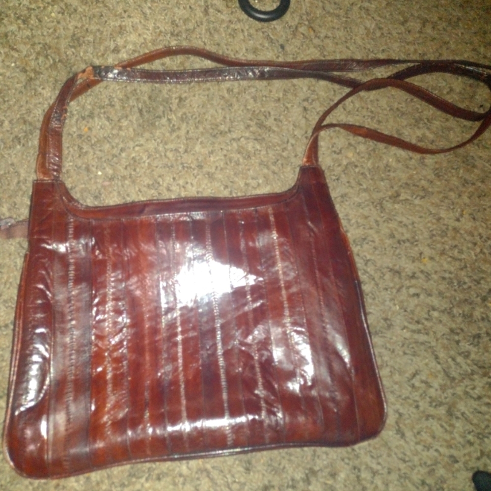 VINTAGE Genuine EEL skin Burgundy Shoulder Bag Purse Handbag Medium Size 12 x 9"